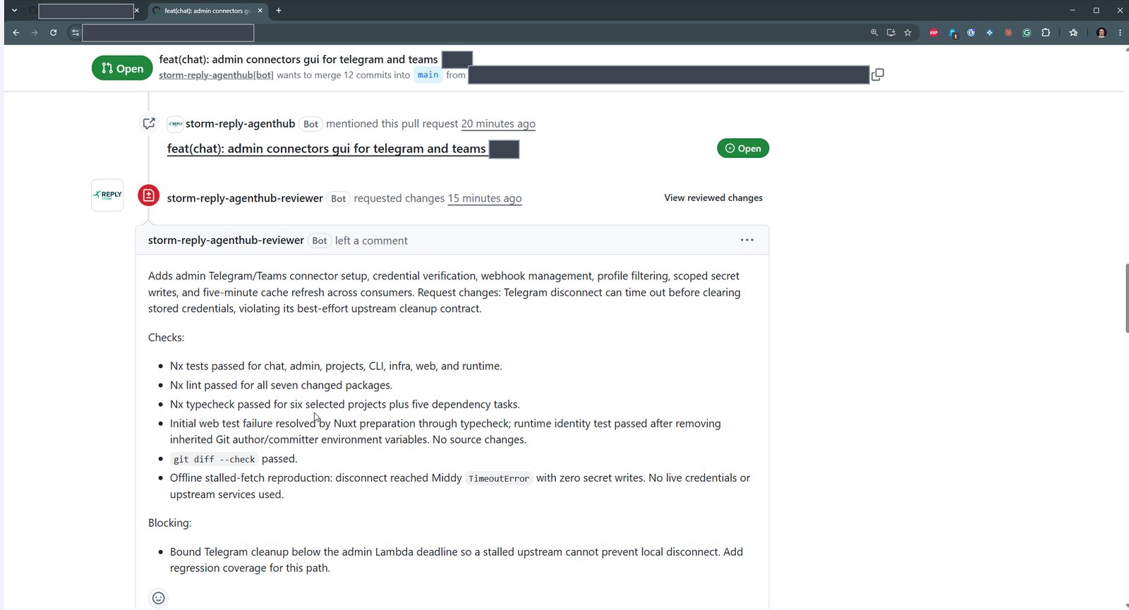 Der Review-Agent fordert Änderungen. Oben die durchgeführten Prüfungen, unten der blockierende Befund.